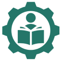 Icon of person reading inside a gear.